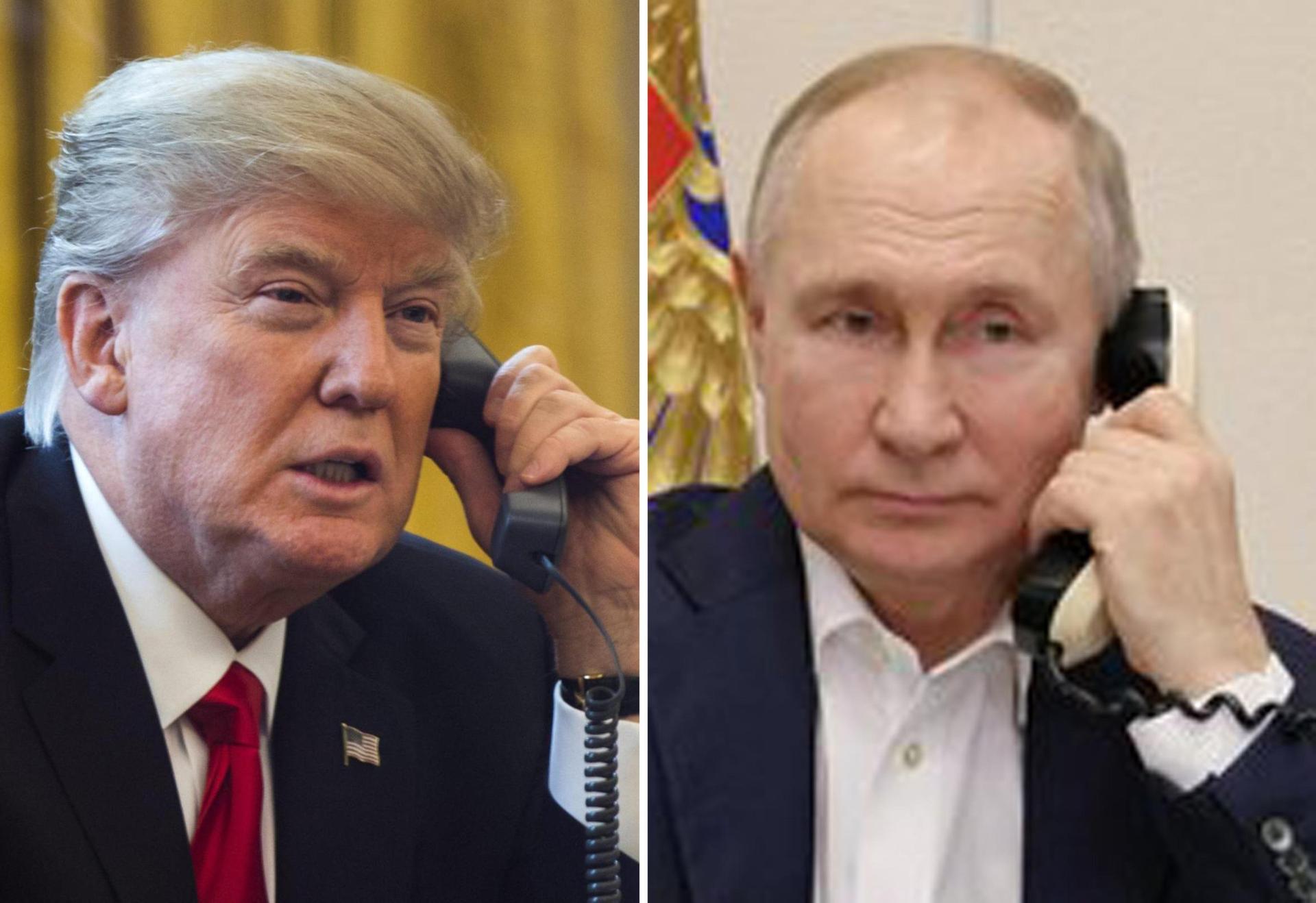 Dittico: a sinistra Donald Trump al telefono nello Studio Ovale, a destra Vladimir Putin al telefono